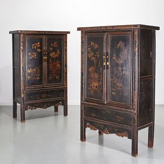 Pair Chinese Export black, gilt lacquer cabinets