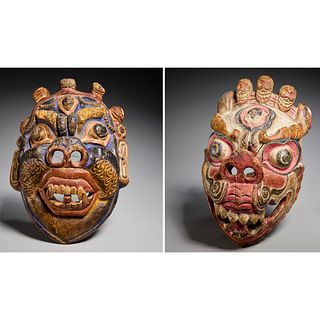 (2) antique Tibetan painted wood masks