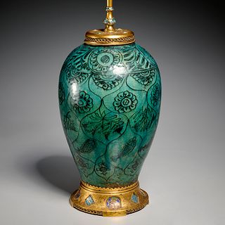 Antique Kashan bronze mounted vase lamp