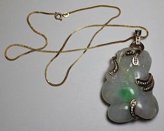 JEWELRY. Jade and 14kt Gold Pendant with Diamonds.