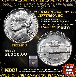 ***Auction Highlight*** 1983-d Jefferson Nickel Ultra Rare TOP POP! 5c Graded ms67+ BY SEGS (fc)