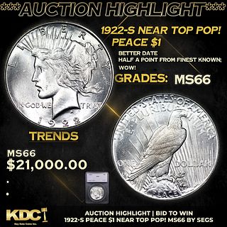 ***Auction Highlight*** 1922-s Peace Dollar Near Top Pop! 1 Graded ms66 By SEGS (fc)