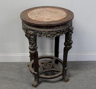 Antique Chinese Carved & Marbletop Hardwood Table