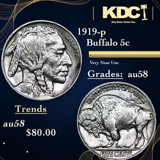 1919-p Buffalo Nickel 5c Grades Choice AU/BU Slider