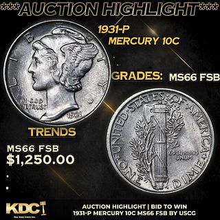 ***Auction Highlight*** 1931-p Mercury Dime 10c Graded GEM+ FSB By USCG (fc)