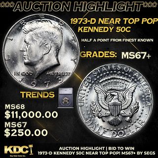 ***Auction Highlight*** 1973-d Kennedy Half Dollar Near Top Pop! 50c Graded ms67+ By SEGS (fc)