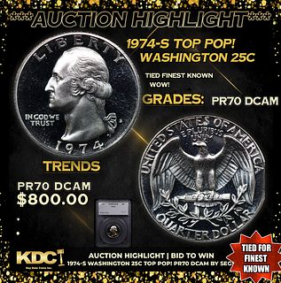 Proof ***Auction Highlight*** 1974-s Washington Quarter TOP POP! 25c Graded pr70 DCAM BY SEGS (fc)