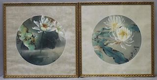 Pair of Round Chinese Watercolors of Flowers.