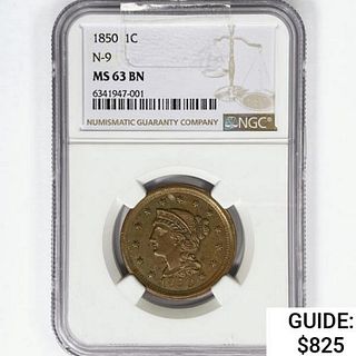 1850 Large Cent NGC MS63 BN, N-9