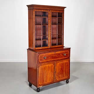 George III inlaid mahogany secretary bookcase