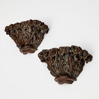 Pair Continental Rococo carved wood wall brackets