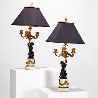 Pair Louis XVI style bronze candelabra lamps