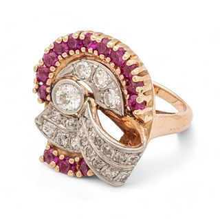 Ruby And Diamond Lady's 14kt Rose And White Gold Ring, Size 8 Ca. 1930
