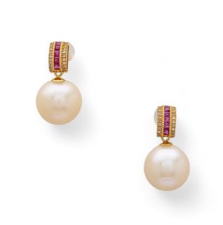 South Sea Pearl (9mm) 18k Gold Earrings, Diamonds & Rubies, H 0.75" W 0.3" 4g