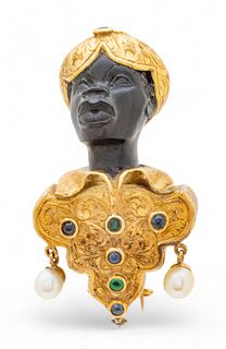 Italian Gold, Emerald, And Pearl Brooch Ca. 1950, "Nubian Blackamoor", H 2"