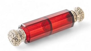 Ruby Crystal Polygon Double Perfume Vial, Silver Caps Ca. 1900, L 5.2" 1 pc