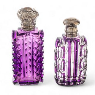 Birmingham Lavender And Lavender Overlay Crystal Scent Bottles, Silver Caps Ca. 19th.c., 3.8", 3.2" 2 pcs
