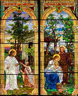 Ecclesiastical Stained & Leaded Glass Windows, Divine Infant & Jesus with Mary Magdalene, Early 20th C., H 12' W 5' 2 pcs