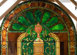 Ametrican Leaded Art Glass Window Arch Ca. 1900, "Urn And Peacock Feather", H 45" W 61"