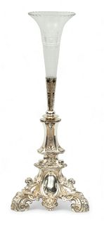 German Silver Plate & Etched Glass Vase, Lion & Shield Terminals, Ca. 1880, H 22" W 9" Depth 9"
