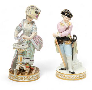 Meissen (German) Painted Porcelain Figurines, Card Player & Gentleman in Waiting, Ca. 19th C., H 6.5" W 3.75" Depth 3" 2 pcs