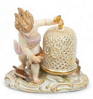 Meissen (German) Painted Porcelain Figurine, Emblematic of Wind, Ca. 19th C., H 5" W 4.5" Depth 3"