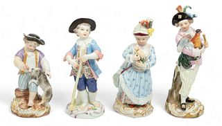 Meissen (German) Painted Porcelain Figurines, Children Engaged in Leisure & Chore, Ca. 1900, H 6.25" W 2" Depth 2.5" 4 pcs