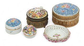 Von Schierholz (German) Porcelain Covered Boxes & Dish, Ca. 1920, H 4" Dia. 6" 5 pcs