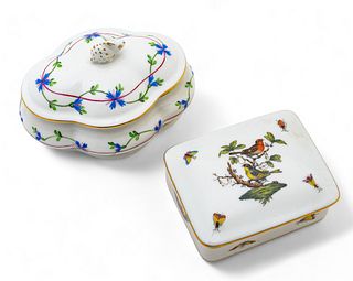 Herend Porcelain (Hungarian) 'Rothschild Bird' & 'Blue Garland' Porcelain Boxes, H 4" W 3.5" L 5" 2 pcs