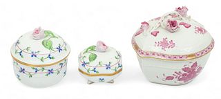 Herend Porcelain Manufactory (Hungarian) 'Blue Garland' & 'Chinese Bouquet' Porcelain Covered Boxes, H 5" W 5" L 5.5" 3 pcs