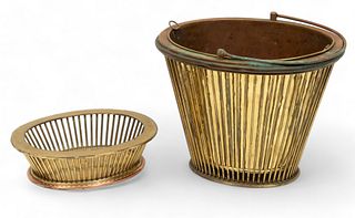 English Brass Waste Basket And Basket Tray Ca. 19th C., H 15" W 13" L 15"