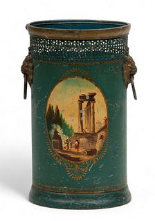 French Hand Painted Tole Waste Basket, 19th C., H 16" W 10"
