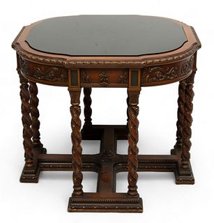 Carved Mahogany Foyer Table, Inset Black Glass Top, Ca. 1920, H 30" W 36" L 36"