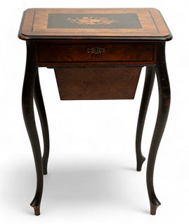 French Ebony And Satinwood Inlay Sewing Table, Ca. 1890, H 30" W 22" Depth 16"