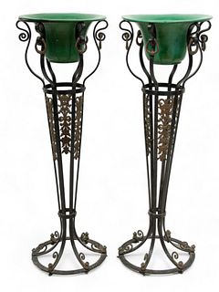 Style of Oscar Bruno Bach (German/American, 1884-1957) Wrought & Cast Iron Standing Planters, Ca. 1930, H 48" Dia. 16" 1 Pair