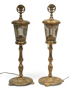 Oscar Bruno Bach (German/American, 1884-1957) Electrified Brass Lamps, Ca. 1930, H 26" Dia. 8.25" 1 Pair