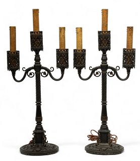Oscar Bruno Bach (American) Electrified Three-light Candelabra Style Lamps, H 30" W 13" Depth 8" 1 Pair