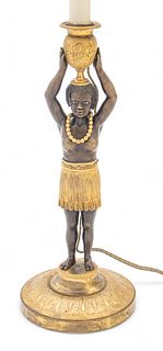 French Blackamoor Bronze Figural Candlestick Lamp Ca. 19th.c., H 22" 1 pc