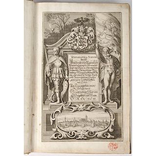[Illustrated - 17th C. Germany] 1643 Matthew Merian Double Page Engraved Views of Bavarian Towns