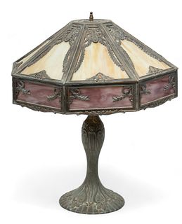 American Slag Glass And Spelter Table Lamp, Ca. Mid 20th C., H 22" Dia. 19"