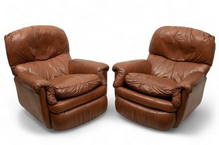 Hancock & Moore Brown Leather Swivel - Recliner Chairs, H 36" W 35" 1 Pair