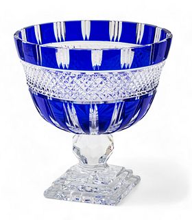 Bohemian Cobalt Blue Cut-to-clear Glass Compote, Mid 20th C., H 10" Dia. 9.5"
