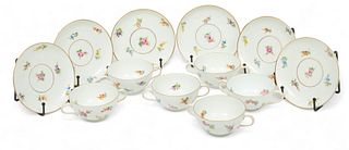 Dresden (German) Painted Porcelain Teacups & Saucers, Ambrosius Lamm Mark, Ca. 1900, H 2" W 3.75" L 5.5" 12 pcs