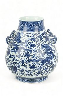 Chinese Blue & White Porcelain Bulbous Hu Vase, H 15.5" Dia. 13"