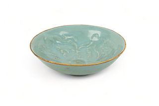 Chinese Celadon Porcelain Shallow Bowl, Gold Trimmed, H 2.2" Dia. 7.2"