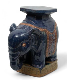 Polychrome Glazed Ceramic Garden Seat, Elephant Form, Ca. 20th C., H 20" W 11" L 20"