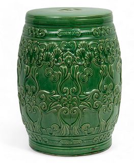Green Glazed Pottery Garden Seat, Ca. 20th C., H 19" Dia. 14"
