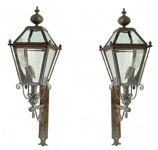 Brass, Glass And Copper Outdoor Lanterns Ca. 1940-1960, H 34" W 10" Depth 10" 1 Pair