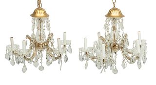 Crystal 5 Arm Chandeliers, Marie Therese Style Ca. 1960, H 22" Dia. 19" 1 Pair