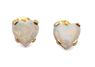 Opal & 14k Yellow Gold Stud Earrings, Heart Form, H 0.25" W 0.25" 1g 1 Pair
